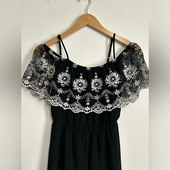 Three Pink Hearts Small Black Maxi Romper Dress Embroidered Fairy Whimsigoth - Picture 6 of 13